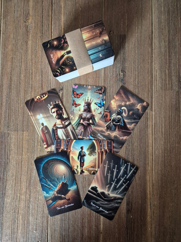 AmberCares Tarot Deck met kleurrijke kaarten op houten tafel